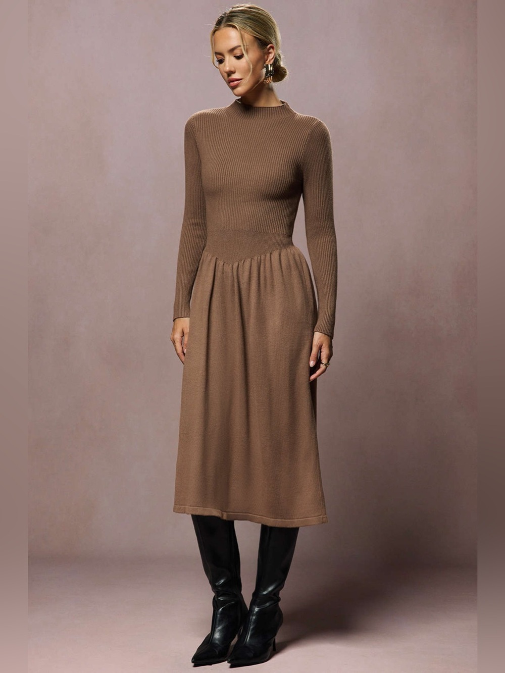 Micas knit  Ruched High-Waisted Long Sleeve Midi Dress